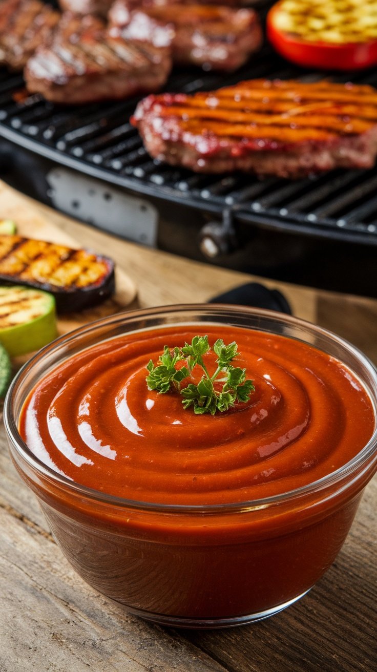 A bowl of tangy and smoky BBQ sauce, garnished with parsley, with grilled meats on a barbecue in the background.