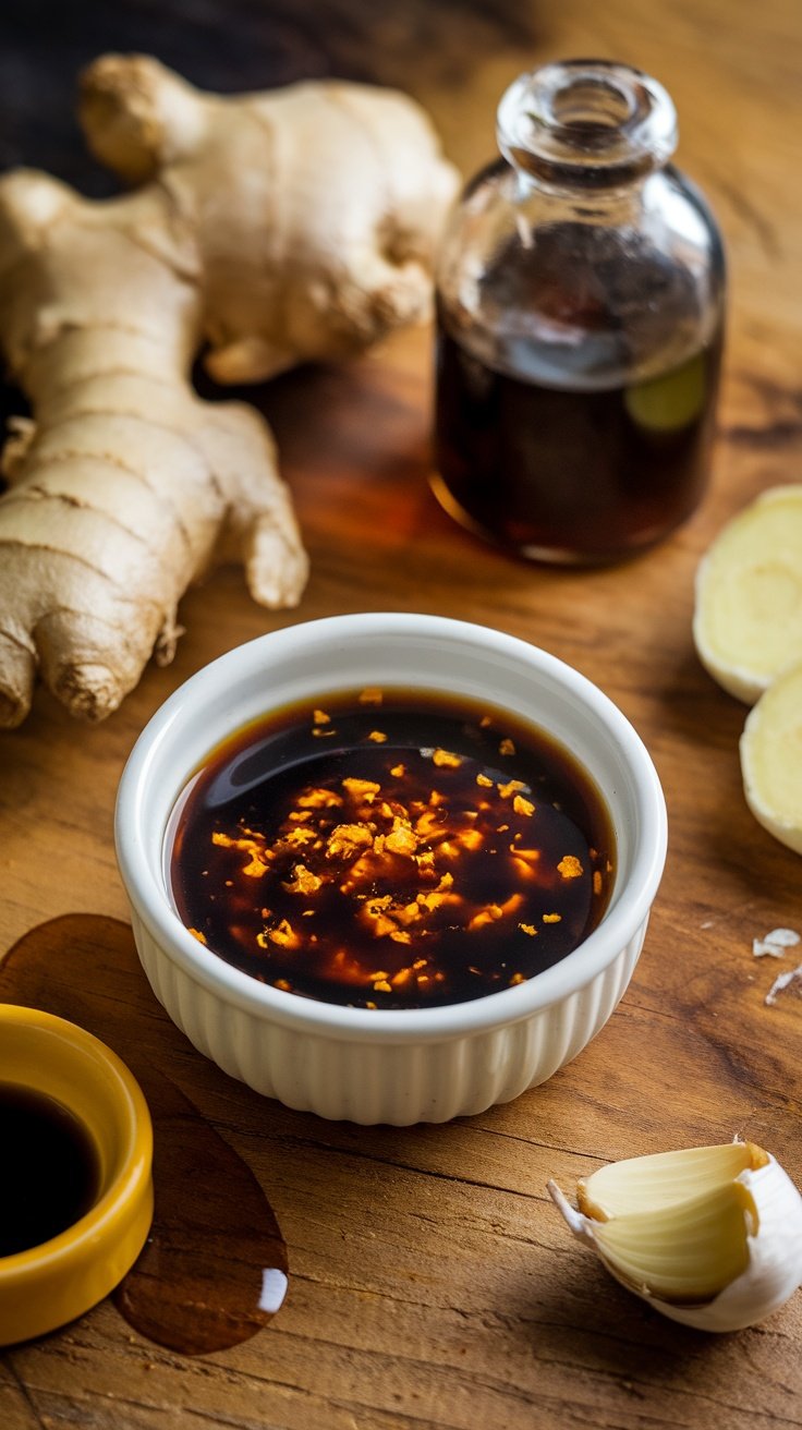 A small bowl of glossy soy ginger glaze with fresh ingredients like ginger and garlic, on a wooden table.