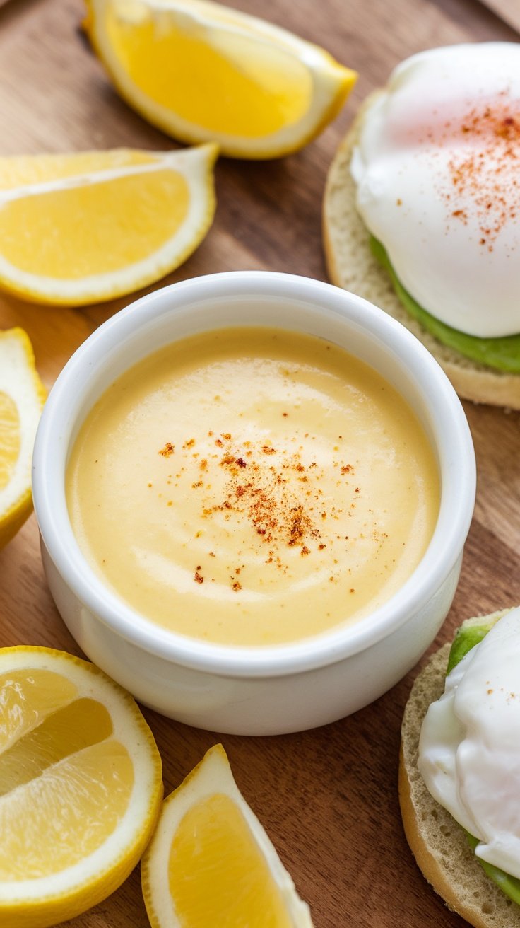 Bowl of creamy Hollandaise sauce garnished with cayenne pepper, alongside poached egg on muffin and lemon wedges.