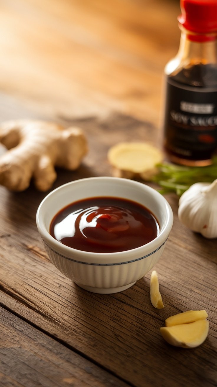 A bowl of teriyaki sauce garnished with sesame seeds, with ginger and garlic nearby on a wooden table.