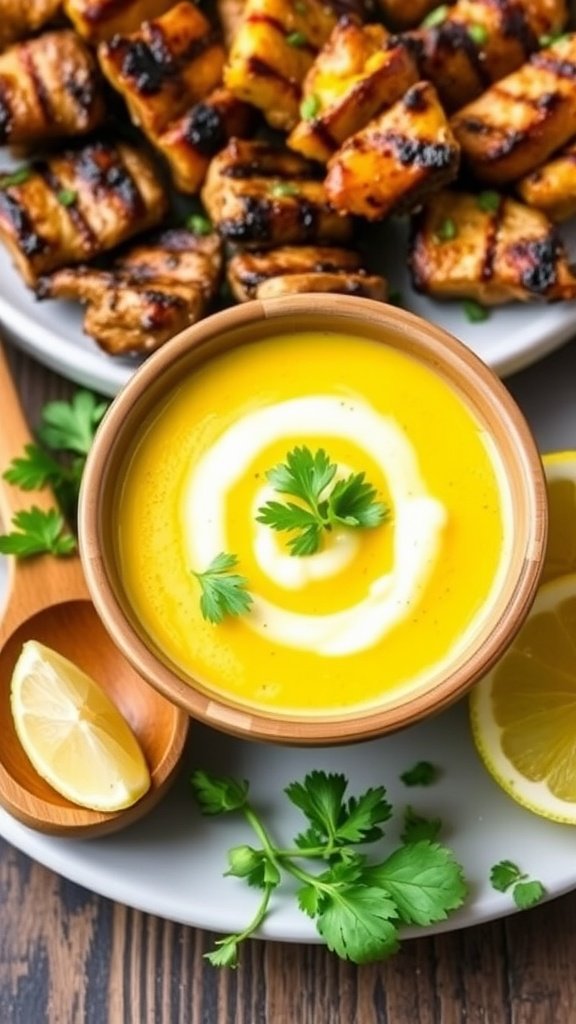 Creamy Curry Yogurt Sauce Creamy curry yogurt sauce in a bowl with herbs and lemon, next to grilled meats and vegetables.