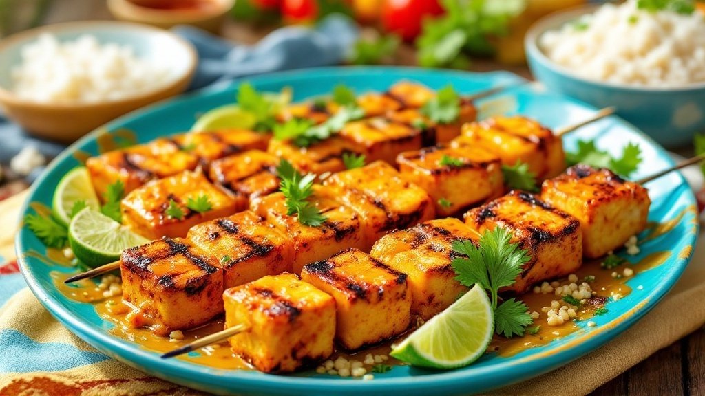 Aromatic Coconut Curry Marinade for Tofu or Chicken Skewers Grilled coconut curry skewers with tofu or chicken, garnished with cilantro and lime, served outdoors.