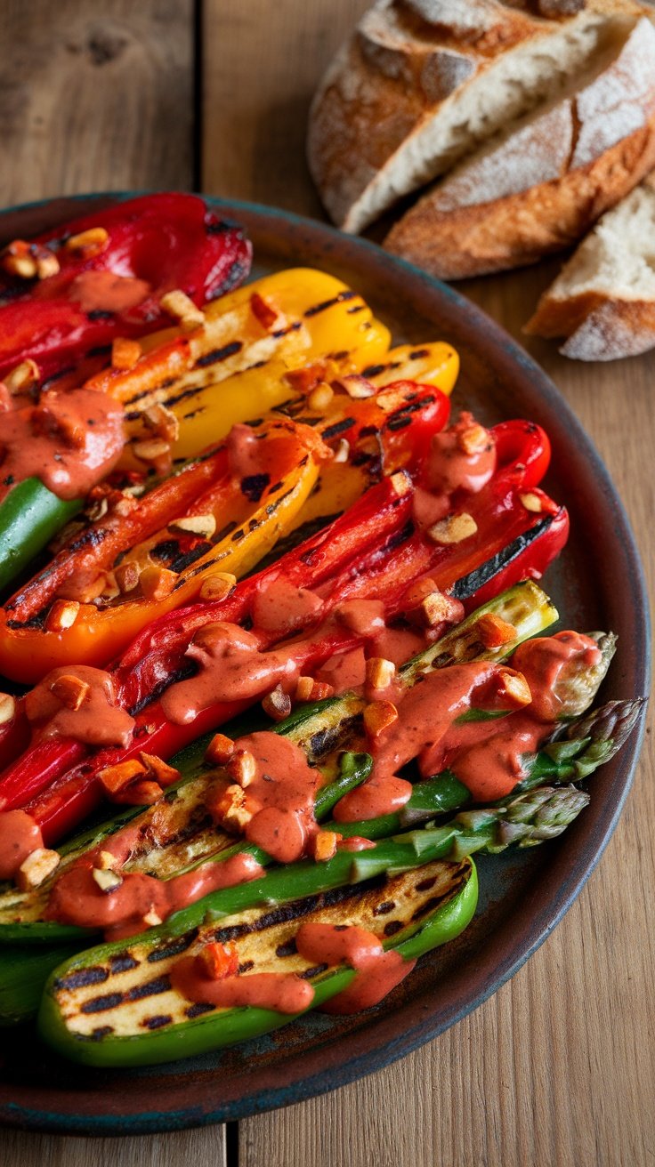 A colorful grilled vegetable platter with bell peppers, zucchini, asparagus, and creamy romesco sauce, accompanied by crusty bread on a rustic table.