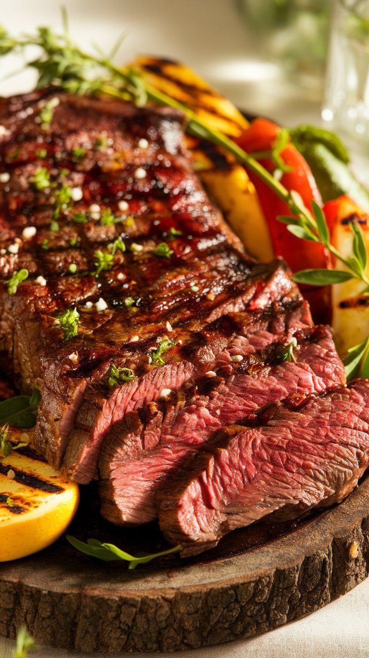Grilled flank steak marinated in red wine and garlic, garnished with herbs, on a wooden platter with grilled vegetables.