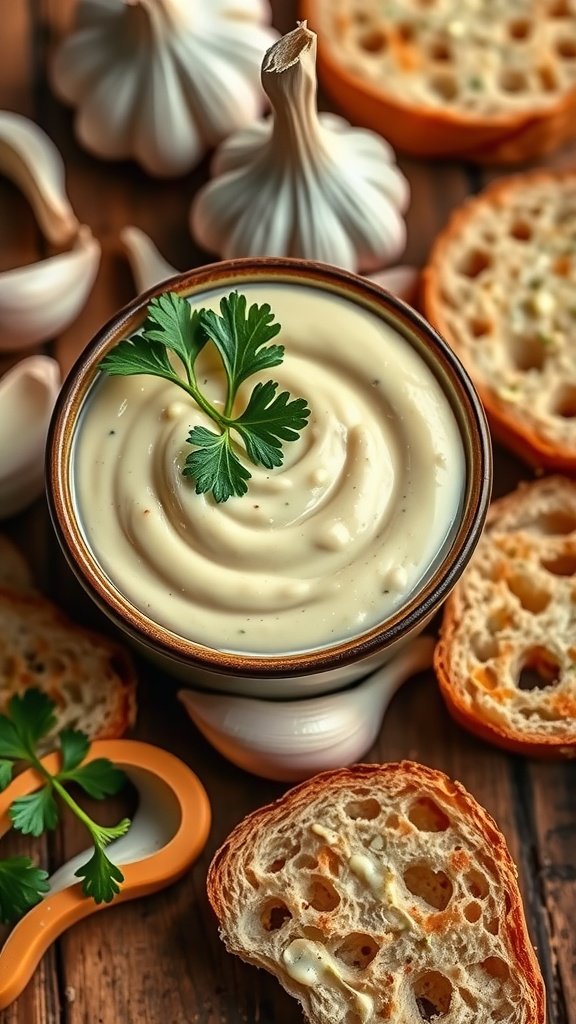 A bowl of creamy garlic aioli garnished with parsley, surrounded by garlic and bread on a wooden table.