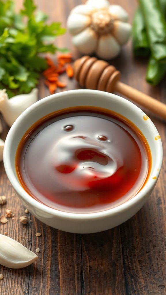 Sweet and Tangy Hoisin Sauce Recipe A bowl of hoisin sauce with garlic and soy sauce ingredients on a wooden table.