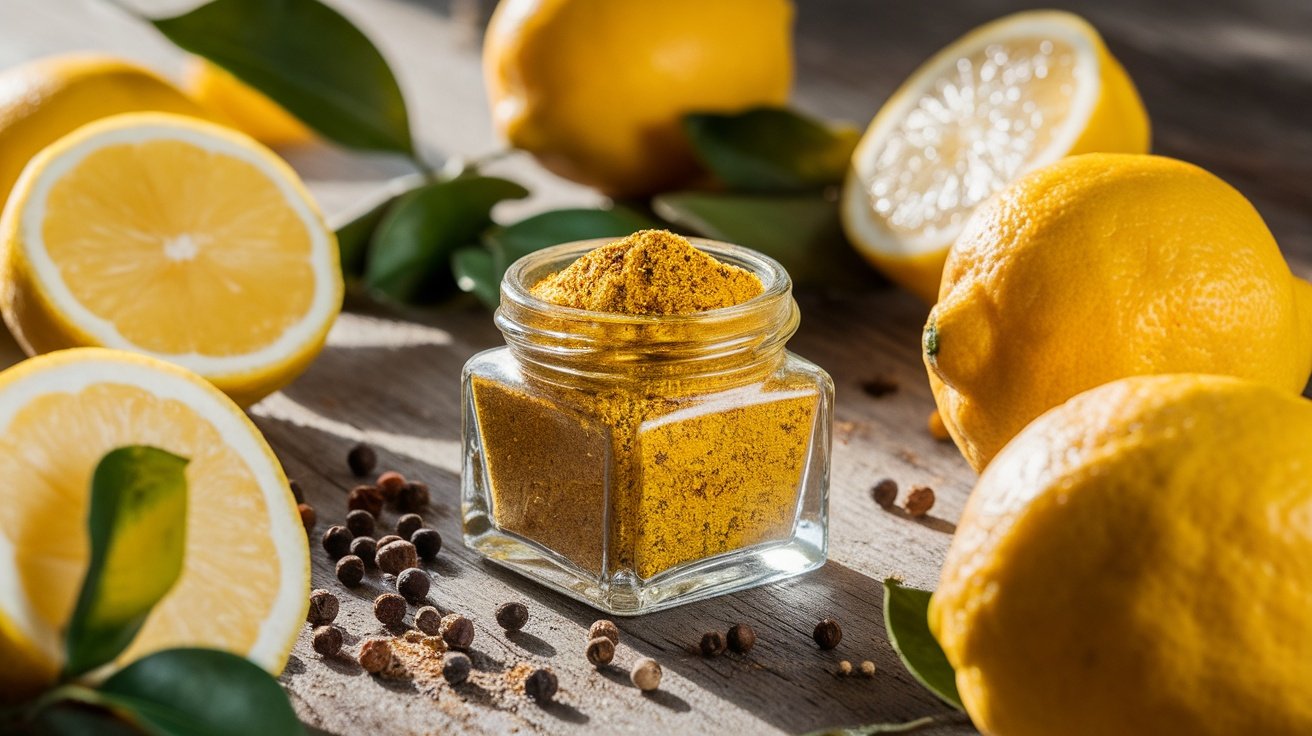 A jar of lemon pepper seasoning next to fresh lemons and black peppercorns on a wooden table.