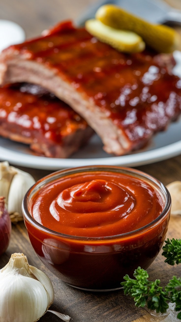 A bowl of St. Louis Style BBQ sauce with ribs and fresh ingredients in the background.