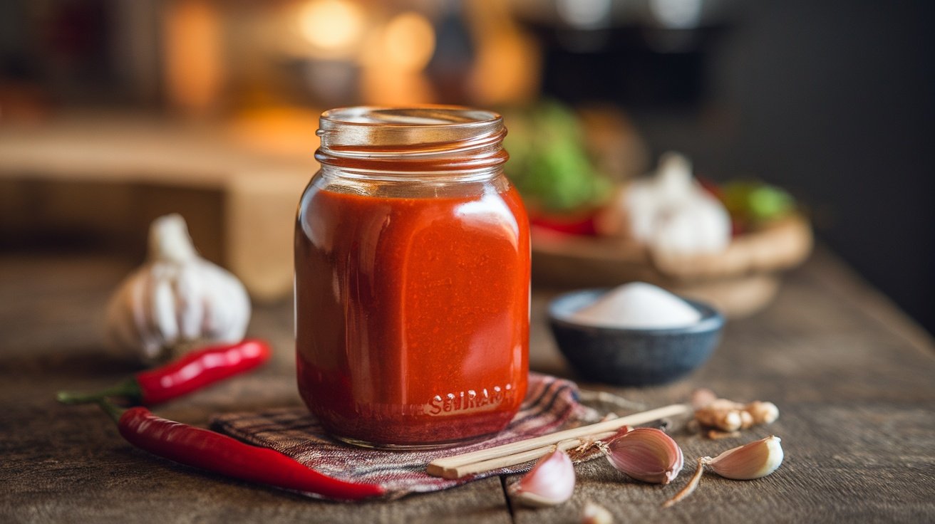 A jar of homemade Sriracha sauce with red chili peppers and garlic on a wooden table.