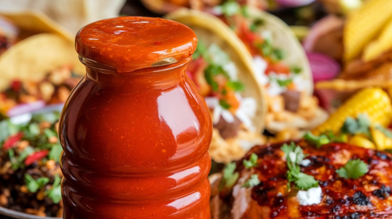 Thick chili sauce in a glass bottle, next to street food like tacos and nachos.