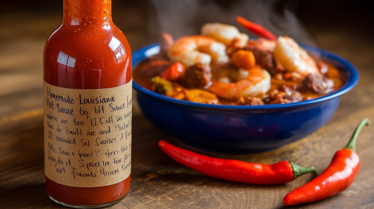 Zesty Louisiana Hot Sauce Recipe for Gumbo A bottle of homemade Louisiana hot sauce next to a bowl of gumbo with shrimp and sausage, featuring cayenne peppers in the foreground.