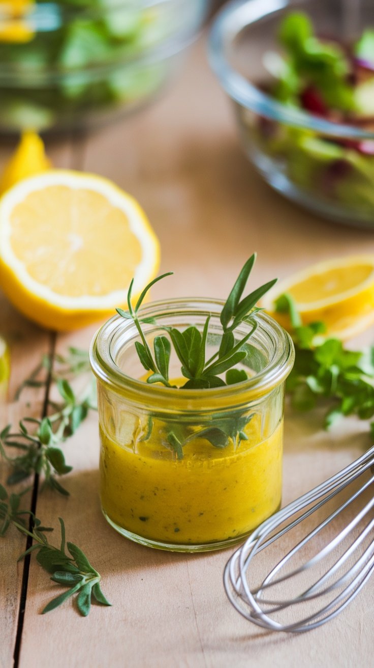 Zesty Lemon Herb Vinaigrette Recipe A jar of lemon herb vinaigrette with fresh herbs and lemon, on a wooden table.