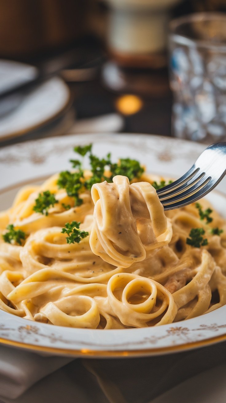 A serving of fettuccine Alfredo with creamy sauce and parsley garnish on an elegant plate.