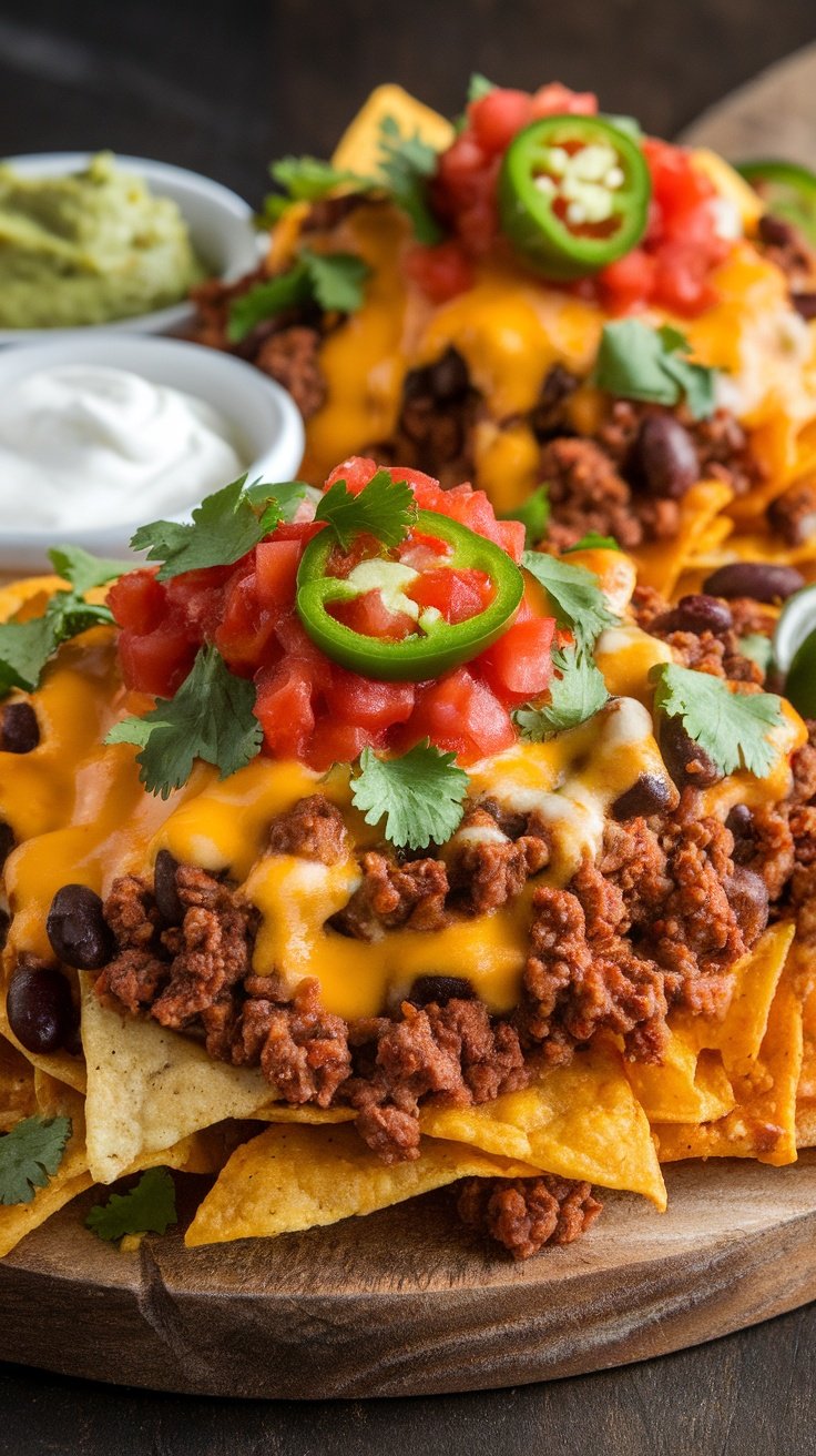 Cheesy Loaded Nachos with Tasty Toppings A colorful platter of loaded nachos with cheese, ground beef, black beans, salsa, sour cream, and guacamole, served on a wooden board.