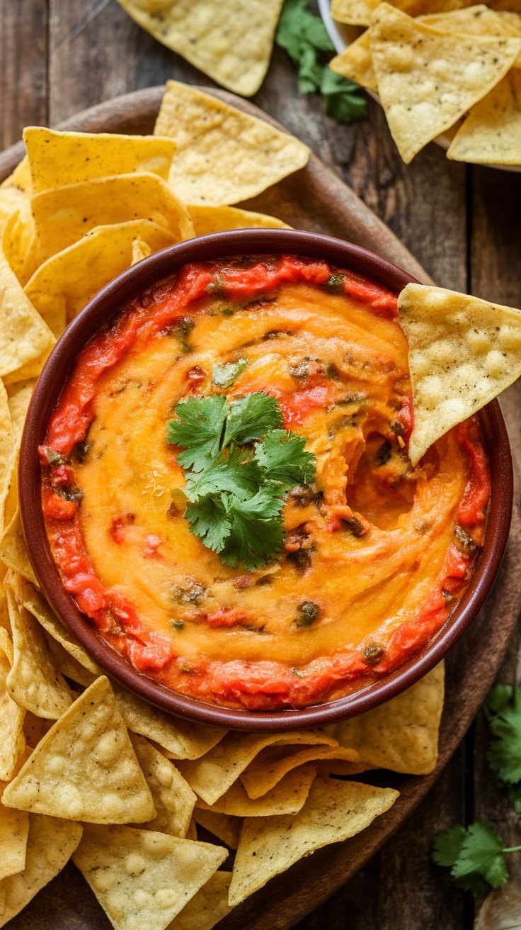Cheesy and Rich Queso Dip Recipe A bowl of creamy queso dip with tortilla chips, garnished with cilantro on a rustic table.
