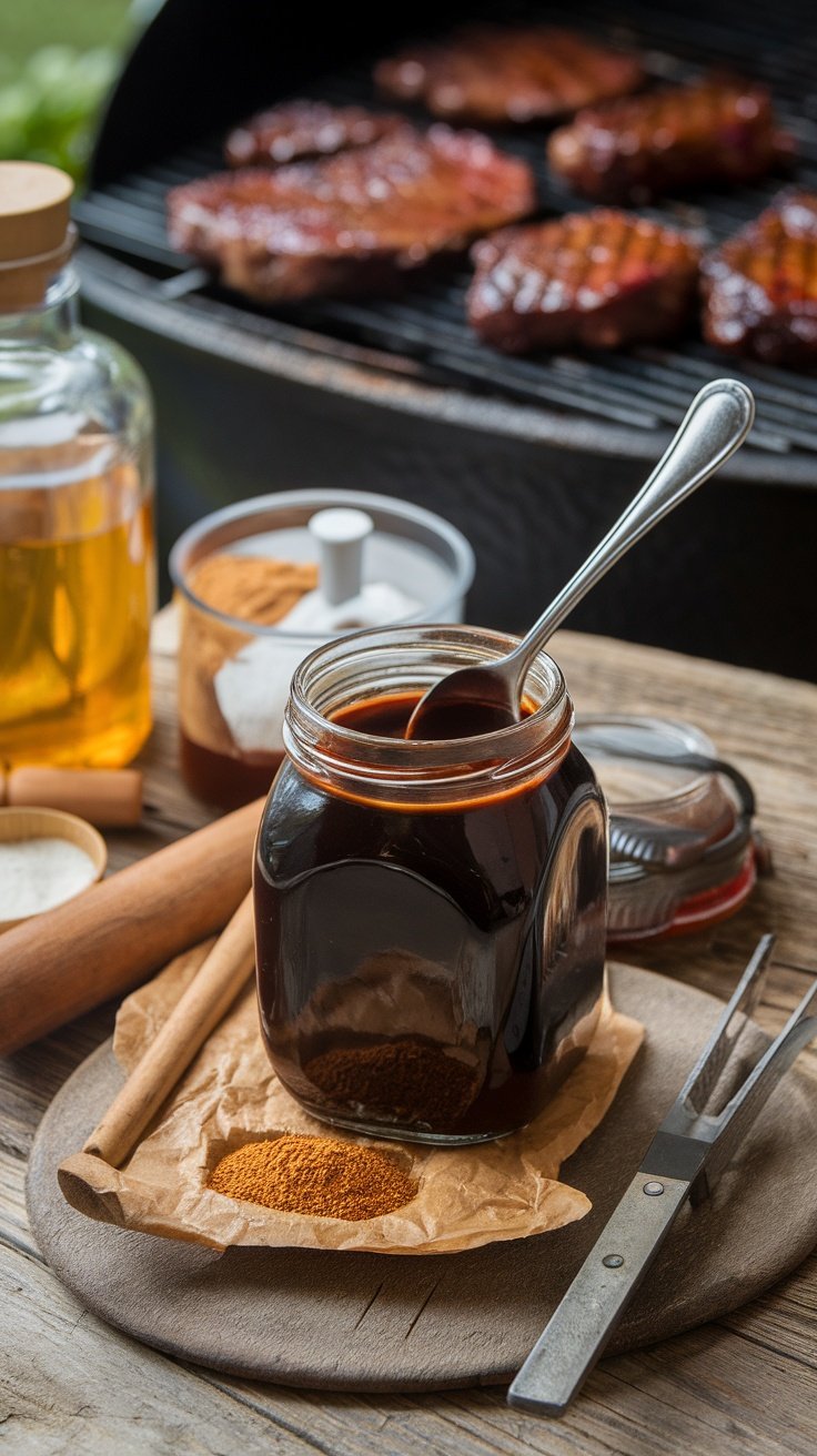 A jar of Kentucky Black BBQ Sauce with a spoon, surrounded by barbecue ingredients on a wooden table.