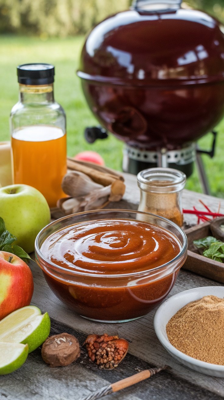 Tangy and Sweet Memphis Style BBQ Sauce Recipe A bowl of glossy Memphis-style BBQ sauce with fresh ingredients on a rustic table.