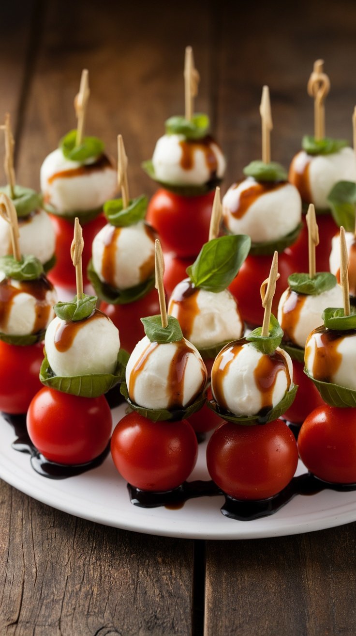 Delicious Mini Caprese Skewers with Balsamic Glaze Mini Caprese skewers with cherry tomatoes, mozzarella, basil, and balsamic glaze on a platter.