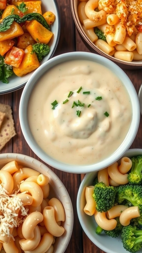 A bowl of creamy Mornay sauce served with baked vegetables and macaroni, showcasing its rich texture and cheesy goodness.