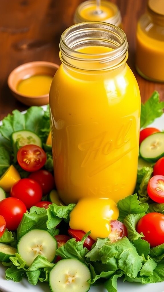 Homemade Honey Mustard Dressing Homemade honey mustard dressing in a jar with fresh salad in the background, highlighting its vibrant color.