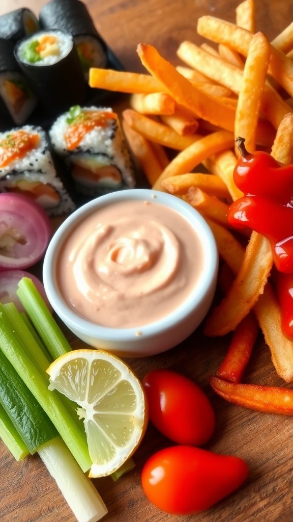 A bowl of spicy mayo with lemon, served with fries and sushi, on a wooden table.