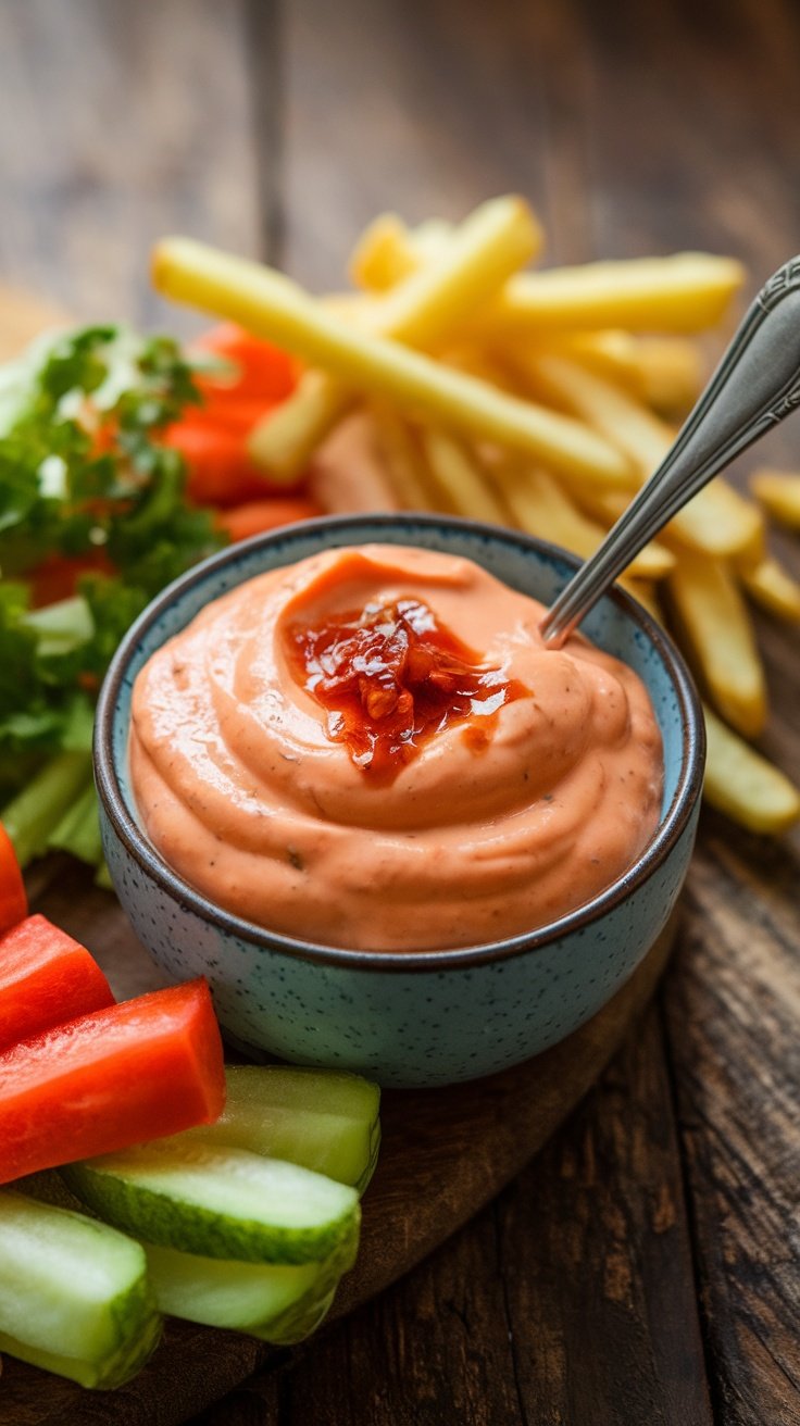 A bowl of spicy sriracha mayo with a sprinkle of sriracha on top, surrounded by vegetables and fries for dipping.