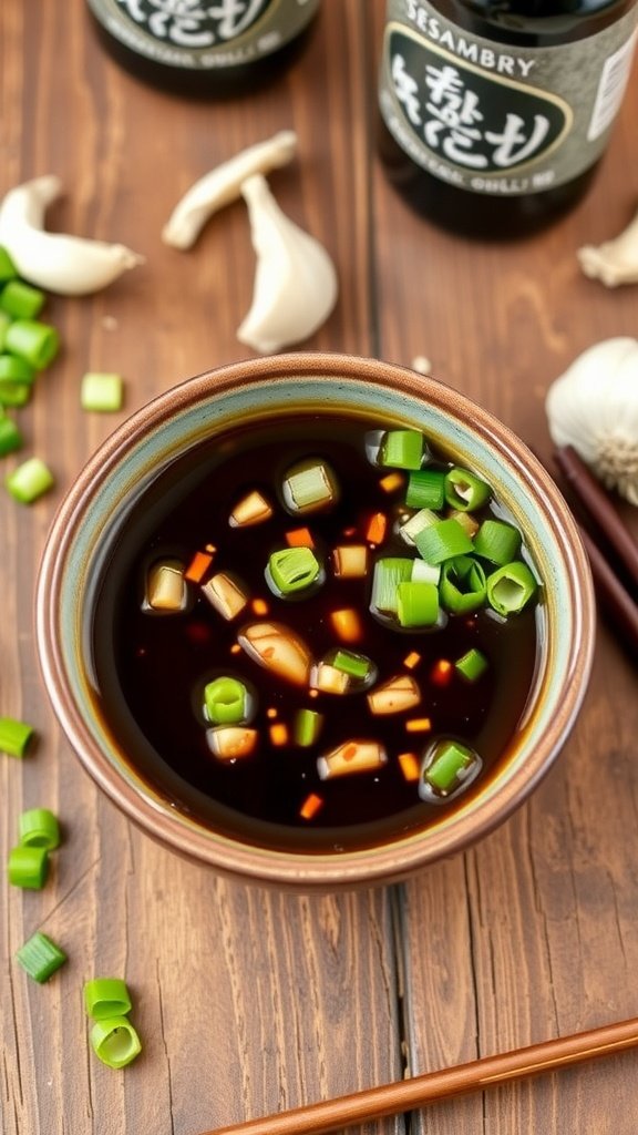 Tangy Soy Garlic Dipping Sauce Recipe A bowl of tangy soy garlic dipping sauce with garlic and green onions, on a wooden table with fresh ingredients.