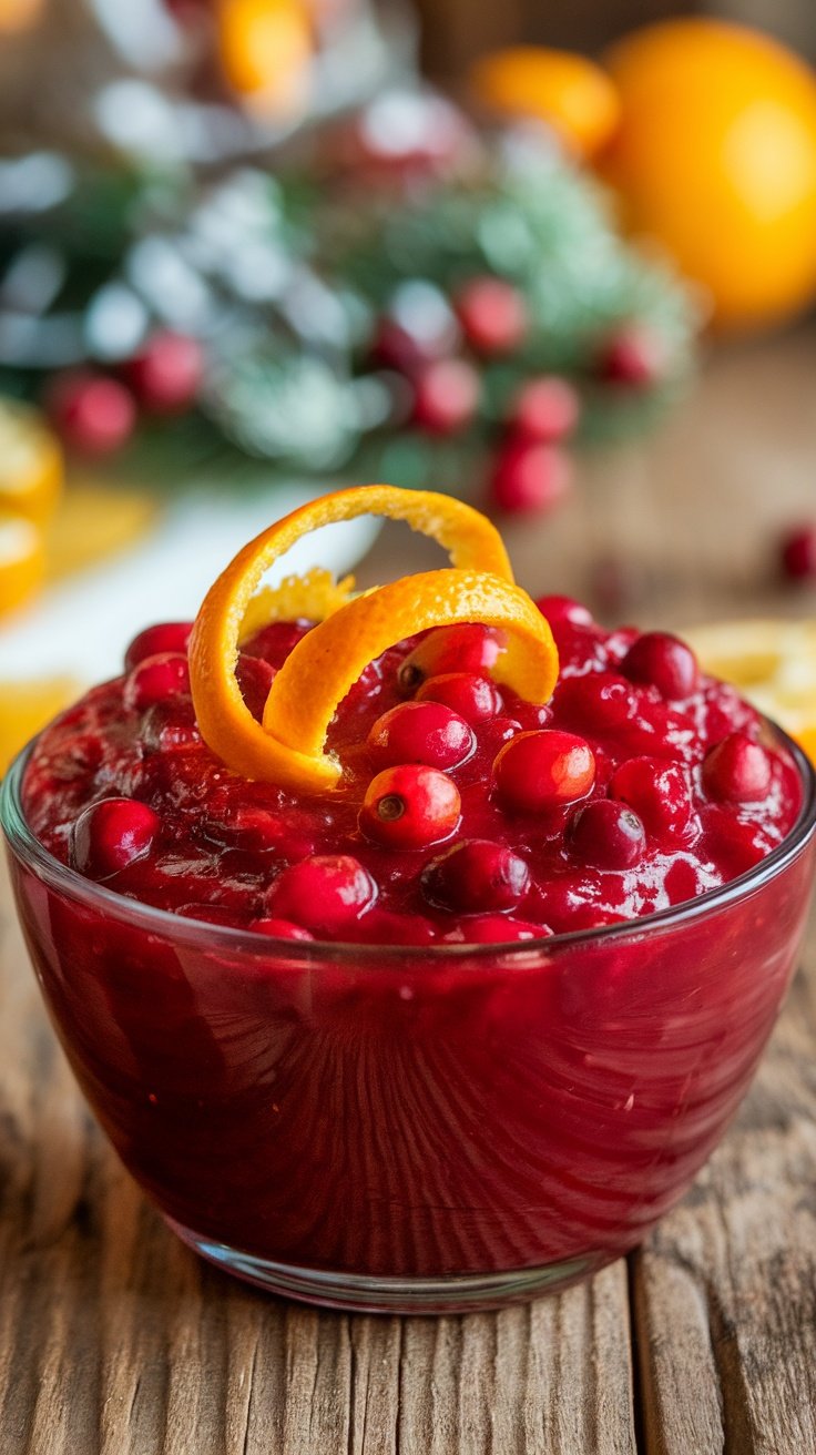 Zesty Cranberry Citrus Sauce Recipe A bowl of cranberry citrus sauce with cranberries and orange peel, set on a festive wooden table.