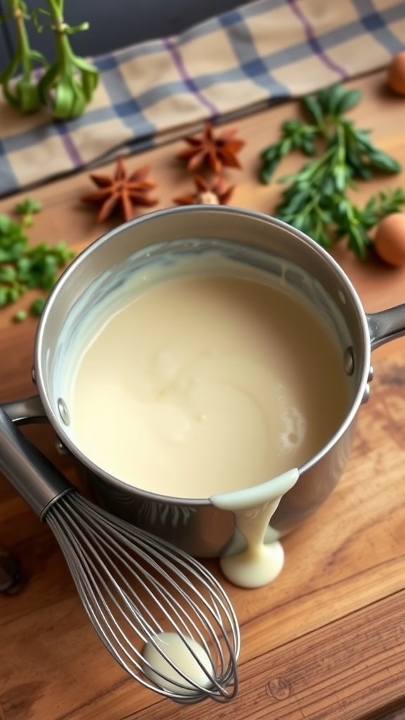 Creamy béchamel sauce in a saucepan with a whisk, in a rustic kitchen setting.