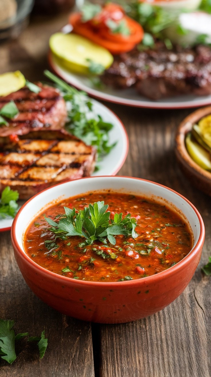 Zesty Spicy Chimichurri Rojo Recipe A bowl of spicy chimichurri rojo with fresh herbs and red pepper flakes, accompanied by grilled meats and vegetables.