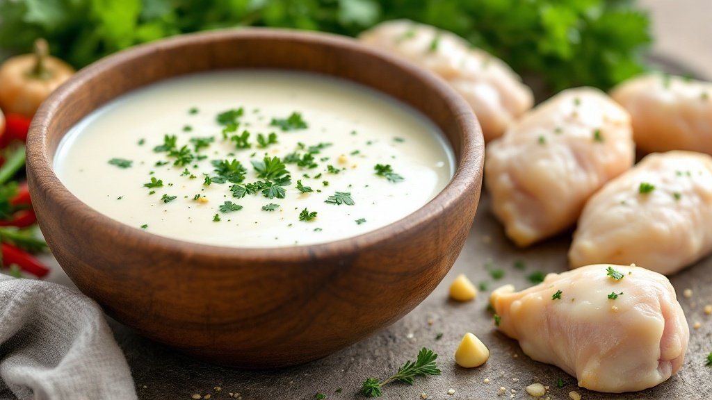 A bowl of buttermilk marinade with garlic and herbs next to marinated chicken pieces ready for cooking.
