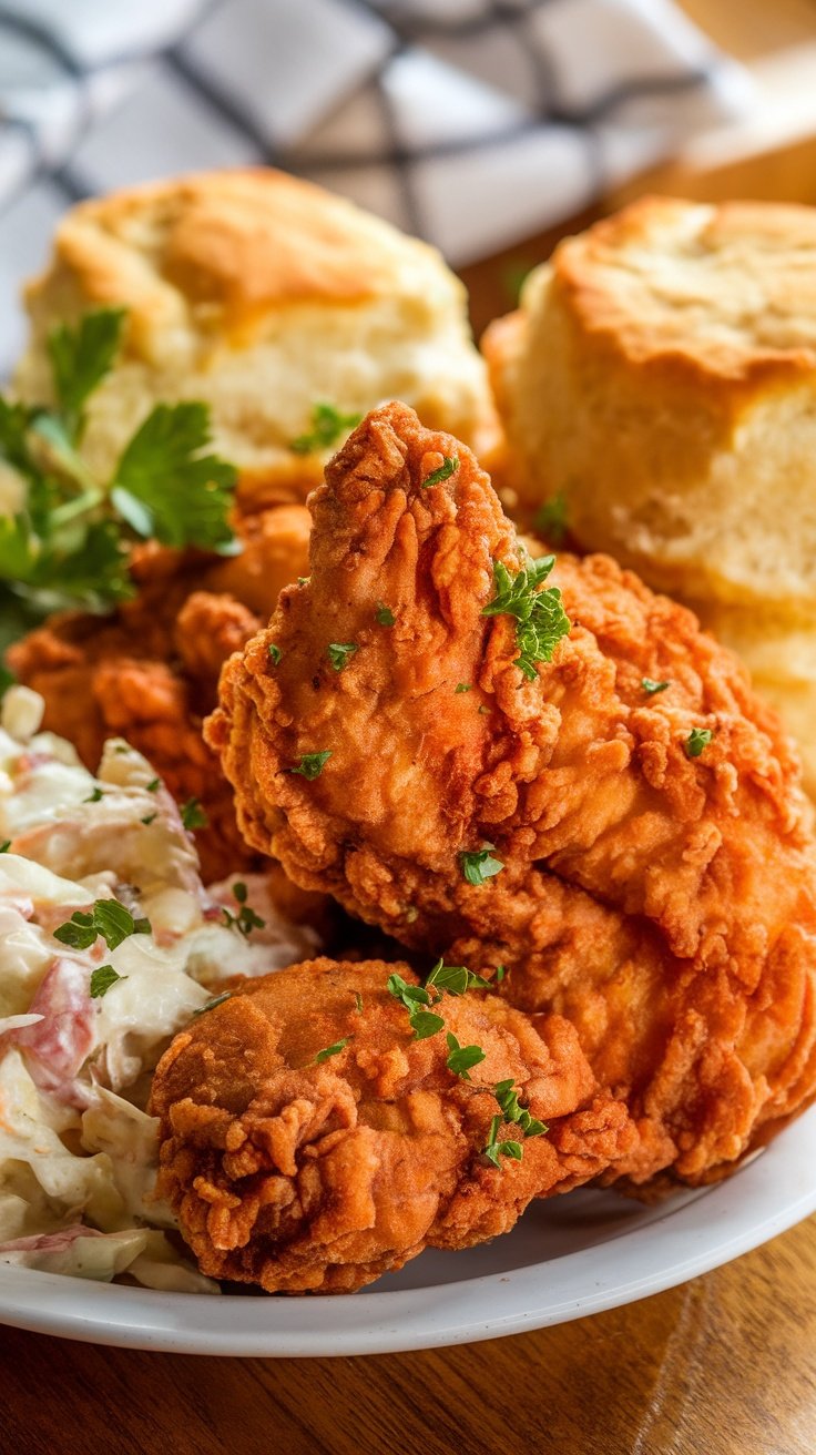Golden crispy buttermilk fried chicken on a plate with coleslaw and biscuits.