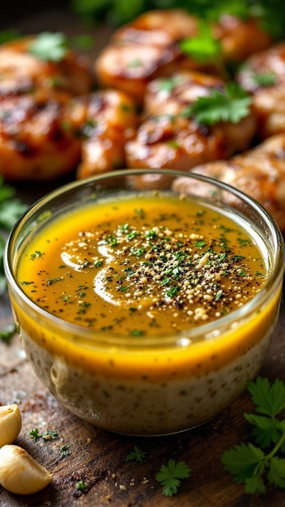 A bowl of vinegar-based marinade with herbs and garlic, with marinated meats in the background.