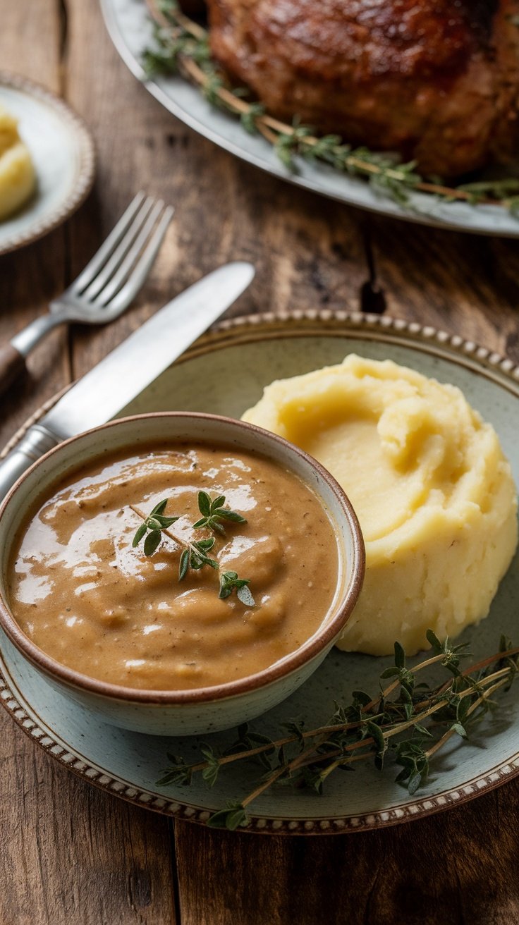 Savory Pan Gravy from Drippings Recipe A bowl of savory pan gravy poured over mashed potatoes with thyme garnish, placed on a rustic table.