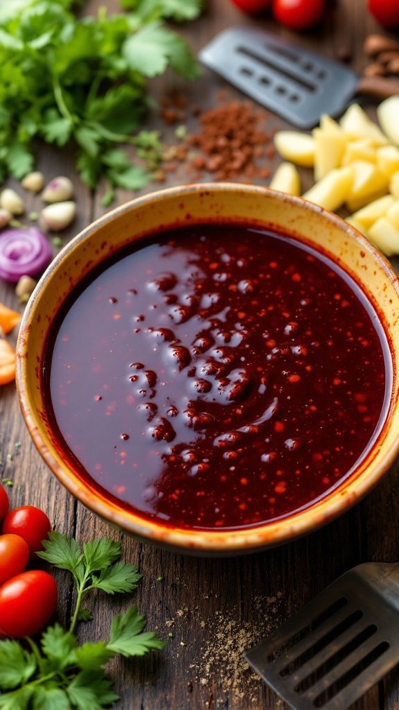 Zesty Spicy and Smoky Marinade Recipe A bowl of spicy and smoky marinade with herbs and spices on a wooden table.
