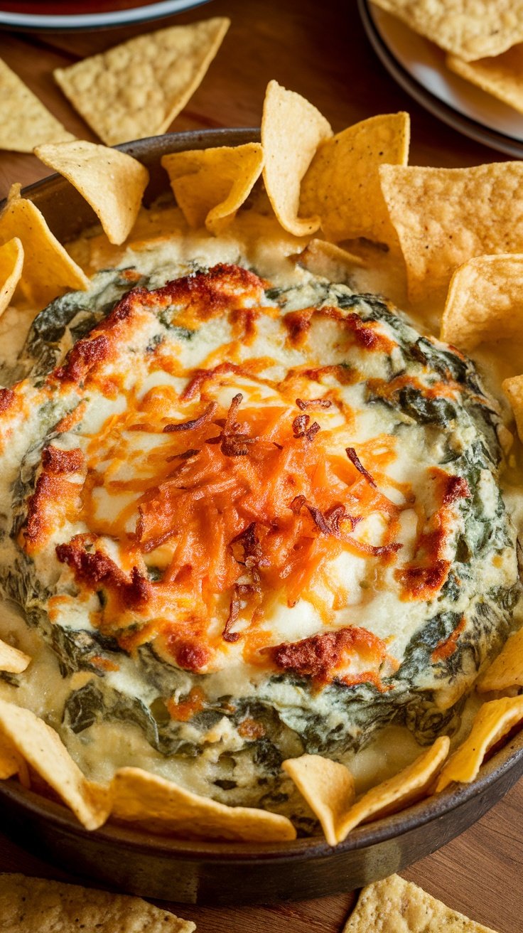 Creamy Spinach and Artichoke Dip Creamy spinach and artichoke dip in a baking dish, garnished with cheese, served with tortilla chips on a wooden table.