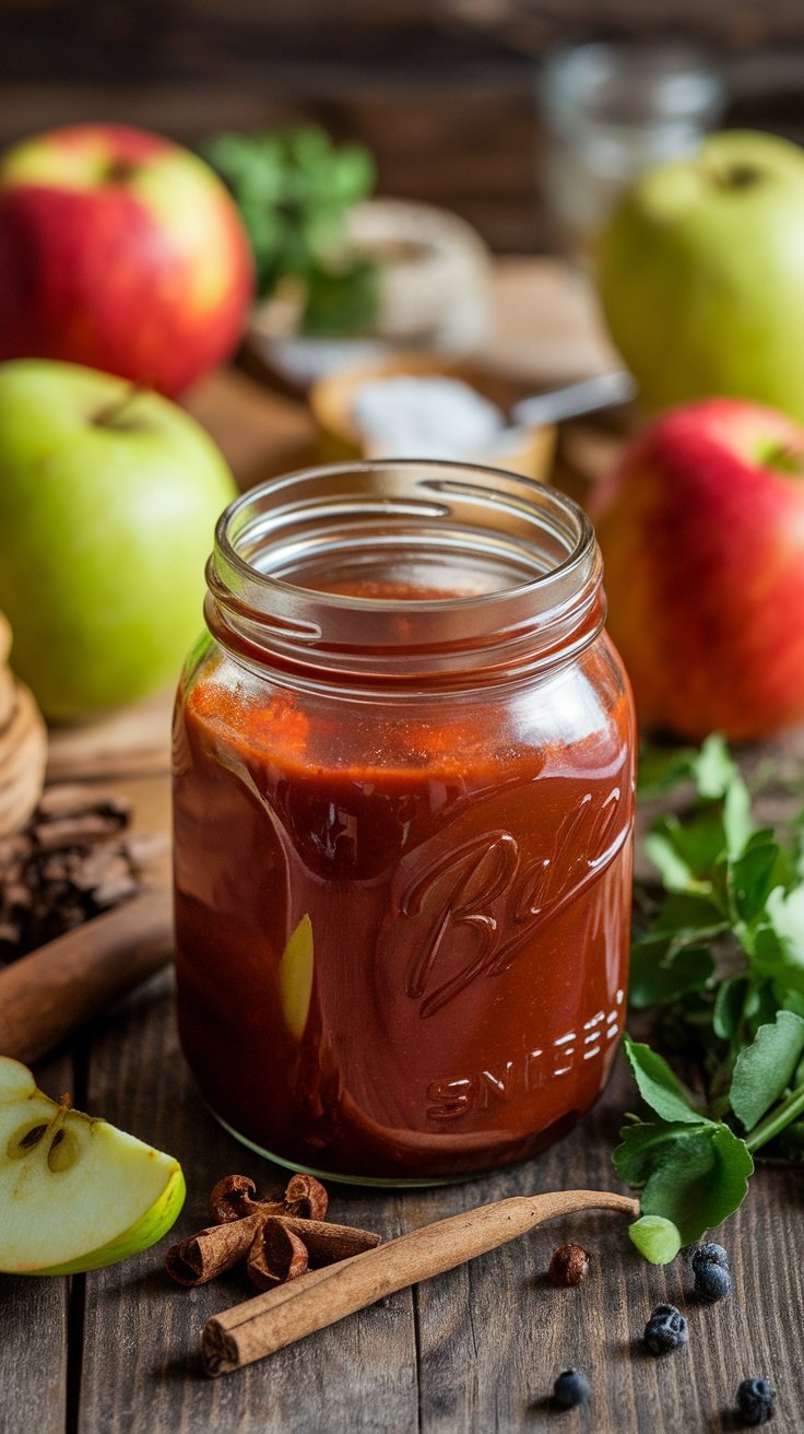 Tangy and Spicy Texas Style BBQ Sauce Recipe A jar of Texas style BBQ sauce surrounded by fresh ingredients on a rustic wooden table.