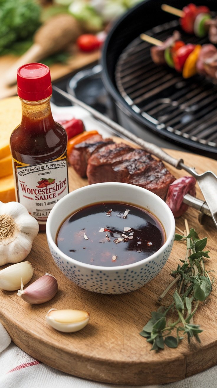 Classic Worcestershire Marinade for Flavorful Grilling A bowl of Worcestershire marinade with garlic and herbs, set against a rustic cooking scene.
