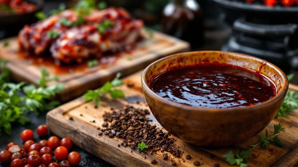 A bowl of smoky BBQ marinade with ribs marinating on a wooden cutting board.