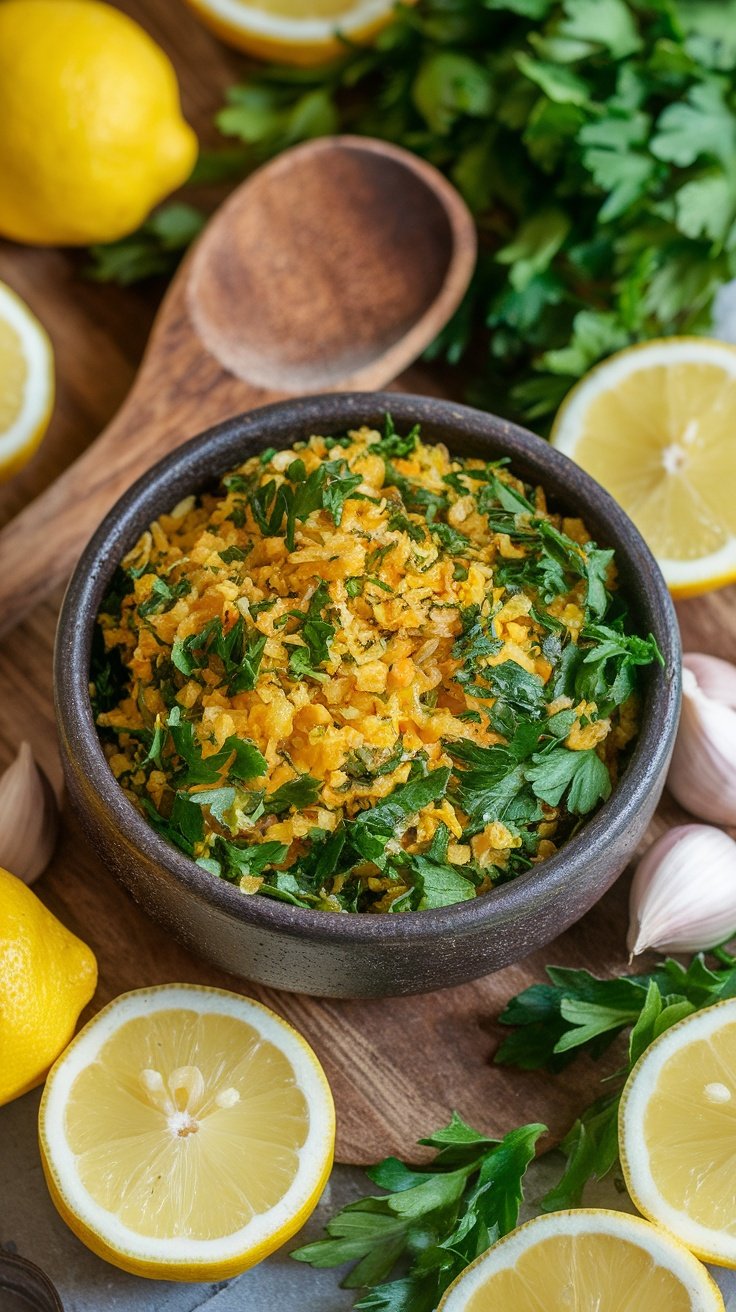 A bowl of zesty gremolata made with parsley, lemon zest, and garlic, with lemons and garlic cloves in the background.