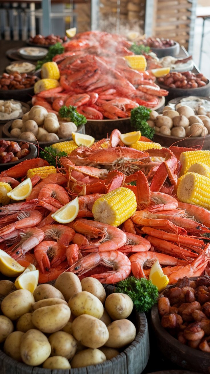 A table filled with a delicious seafood boil, showcasing shrimp, crab legs, corn, potatoes, and sausage, garnished with lemon and parsley.