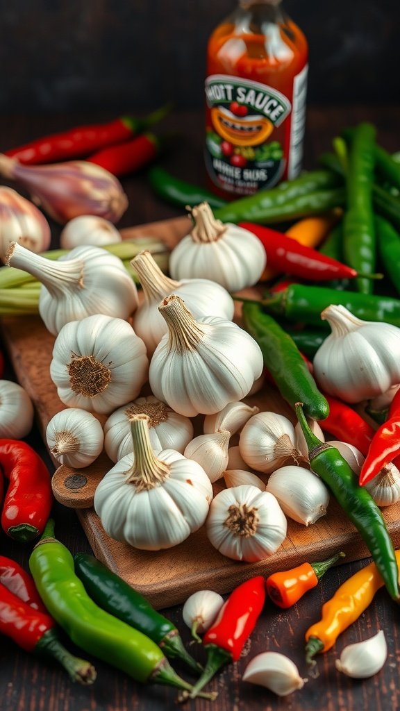 A variety of garlic, onions, and colorful chili peppers on a wooden board with a bottle of hot sauce in the background.