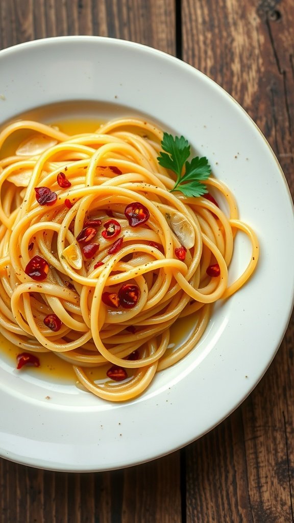 A plate of spaghetti with garlic, olive oil, and chili flakes garnished with parsley.