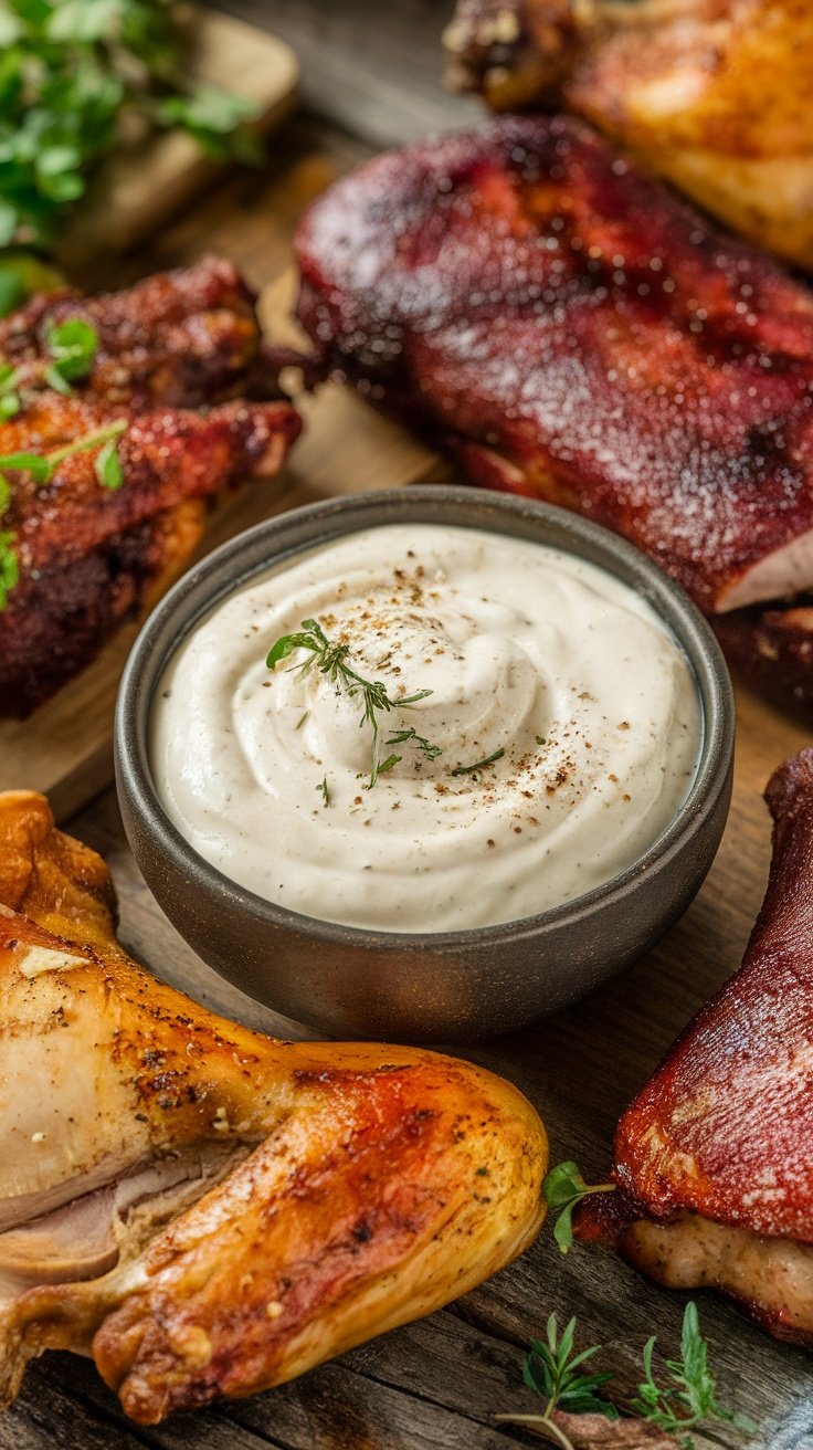 A bowl of creamy Alabama white sauce surrounded by smoked chicken and pork.