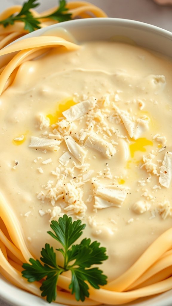 Creamy Alfredo sauce drizzled over fettuccine pasta with grated Parmesan cheese on top.