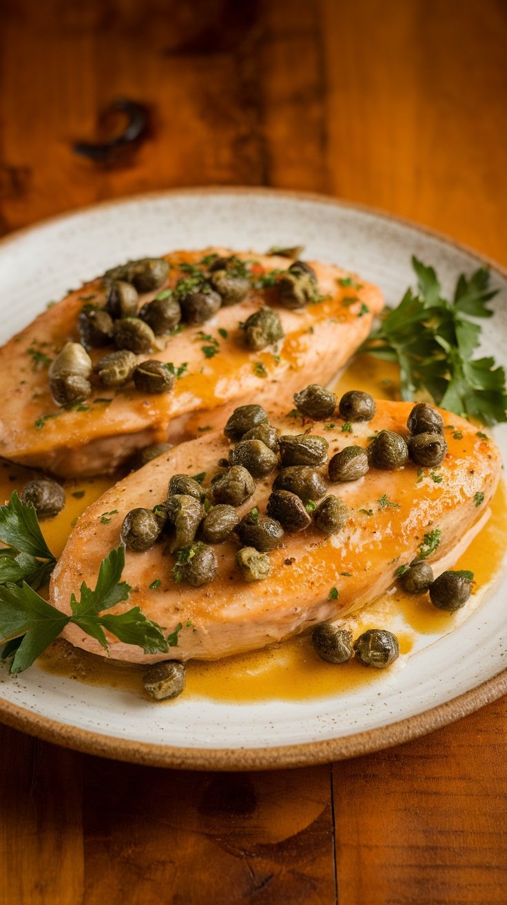 Chicken Piccata with lemon butter sauce and capers on a white plate with parsley garnish.