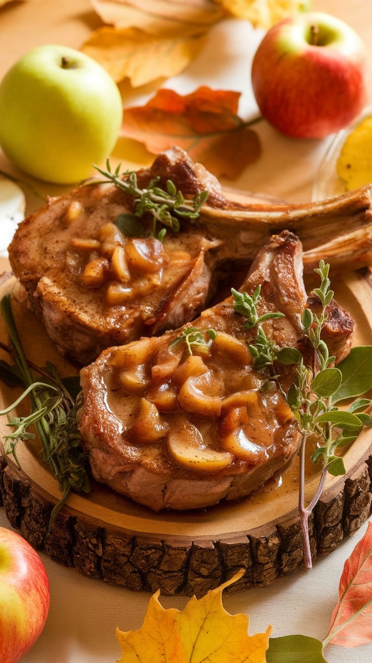 Pork chops glazed with apple butter, seasoned with spices, and garnished with herbs and apple slices.