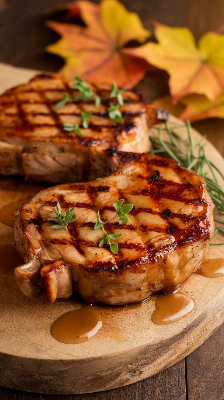 Grilled pork chops with apple cider glaze garnished with herbs