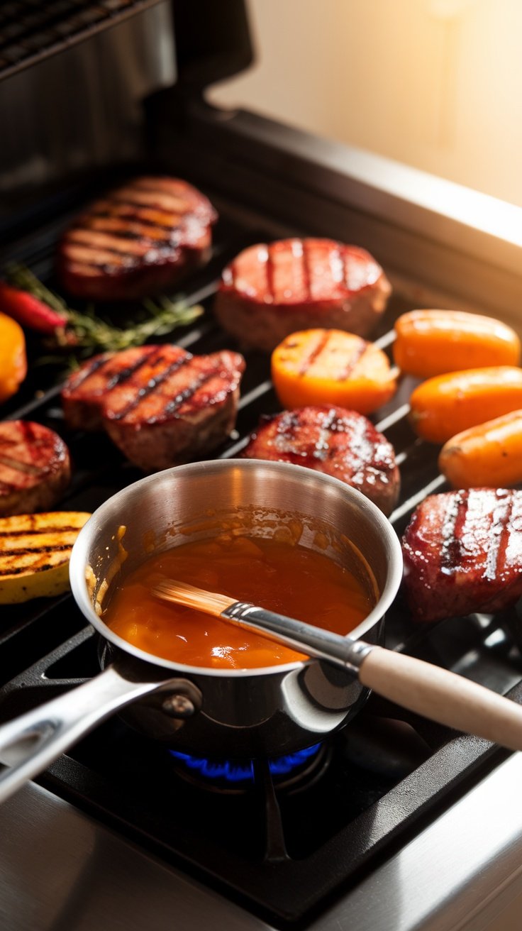 A warm apricot jam glaze in a pot, ready to brush on grilled meats and vegetables.