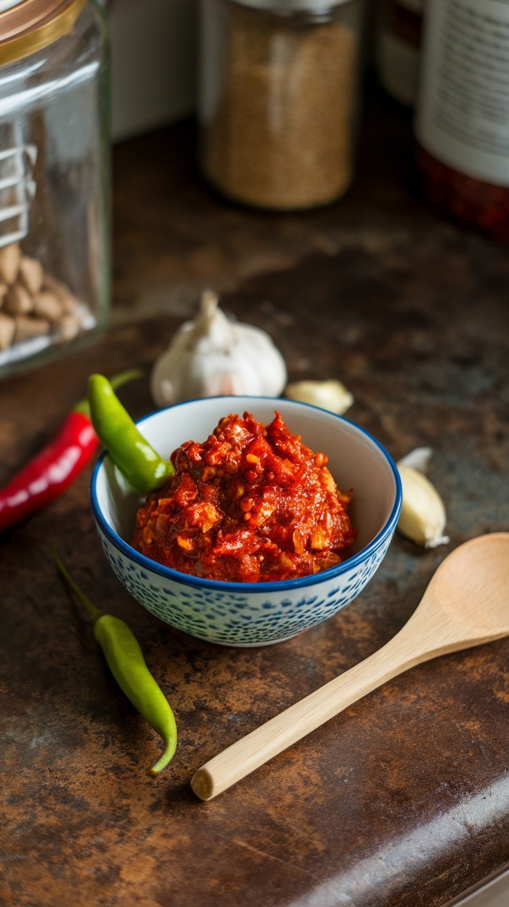 A bowl of chunky red Asian chili paste surrounded by whole chilies and garlic.